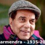 Dharmendra- veteran Bollywood actor portrait with family silhouettes and tribute ribbon