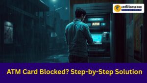 A frustrated person standing at ATM machine showing "Card Blocked" message, realistic Indian setting